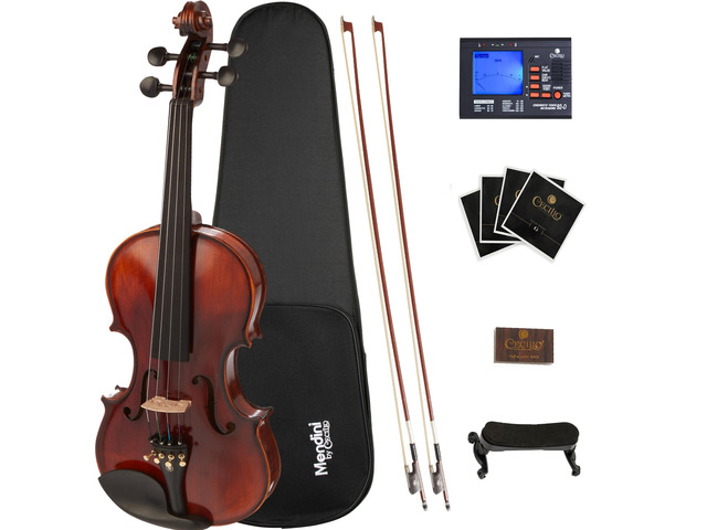 1/2 Violin Set For Beginners, Black Solid Wood - Acoustic Violins Set with Hard Case, Tuner, Shoulder Rest, 2 Bows, Rosin, Bridge & Strings (Flamed)