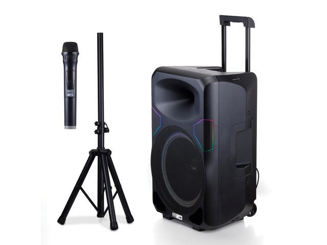 Portable Speaker SOUNDROVER PRO 650, 650W Peak Power, Bi-Amplified, LED Lighting, Wireless Mic Included, Aux Input, Wall Powered Perfect for...