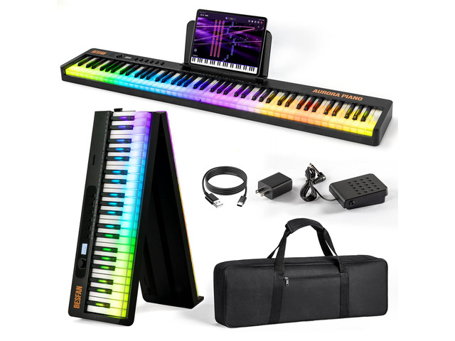 88-Key Foldable Piano Keyboard with Colorful Lighted Keys Semi-Weighted Full Size Portable Digital Piano with MIDI, Speakers, Sustain Pedal for...