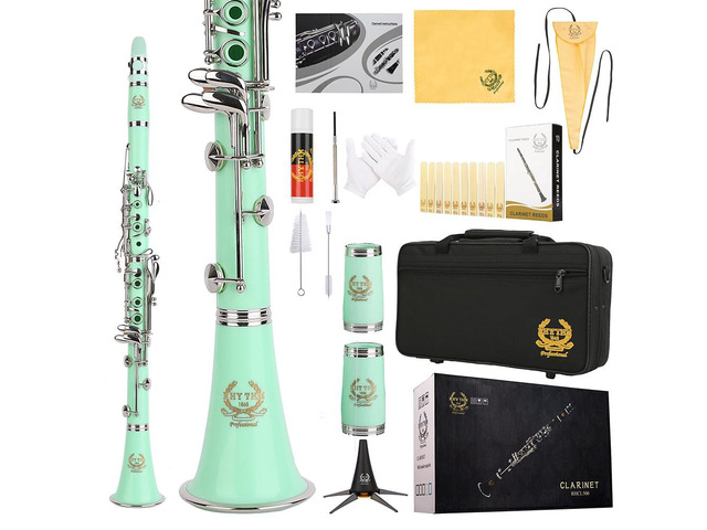 Bb Clarinet 17 Nickel Keys Woodwind Band & Orchestra Musical Instruments for Beginners Includes Case, Stand, 10 Reeds and Cleaning Kit-Green