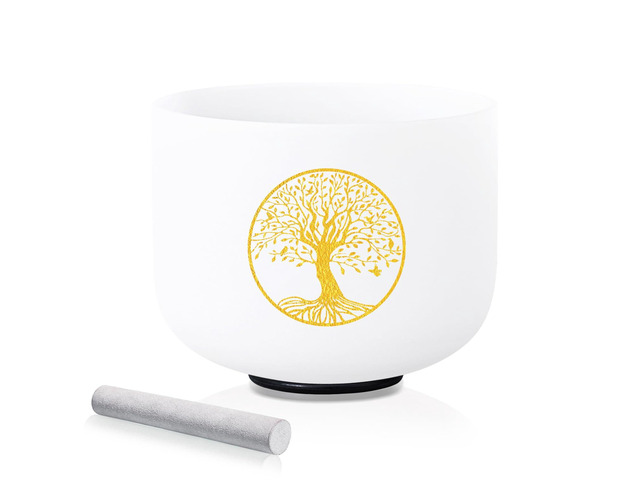 432HZ 8 Inch F Note Heart Chakra Frosted Quartz Crystal Singing Bowl Tree of Life Design, Sound Healing Meditation,Mindfulness,Relaxation