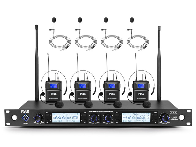 4 Channel UHF Wireless Microphone System with 4 Lavalier & 4 Headset Mics, 300 Ft Range, Rack Mount Receiver for Conferences, Events & PA Systems