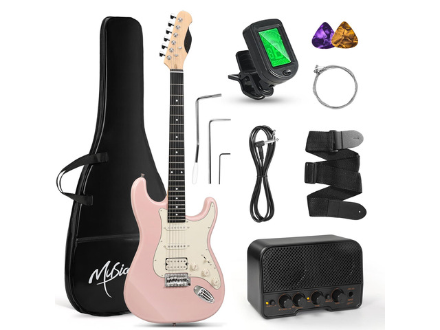 39-Inch Electric Guitar Starter Kit with HSS Pickups, Pink Lightweight pink paulownia body, comfortable maple neck and Bluetooth playback for...