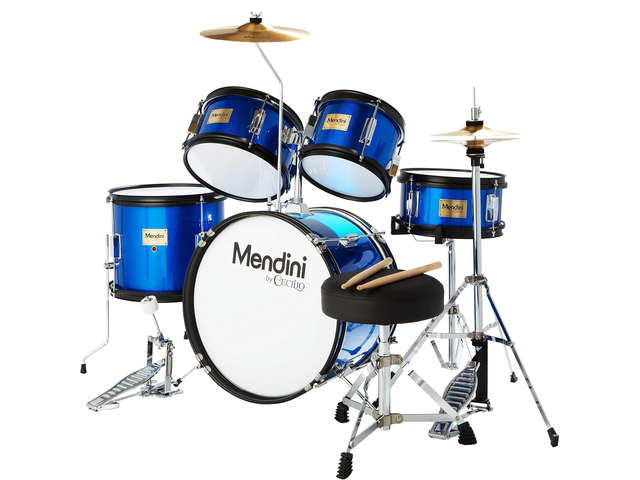 5 Piece 16 Inch Junior Drums Set - Metallic Blue Drum Set with Bass, Toms, Snare Drum, Cymbal, Hi-Hat, Drumsticks & Adjustable Padded Seat for...