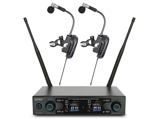 D-333T Dual Wireless Gooseneck Saxophone Microphone Set Dual clip-on condenser set, Preset EQ and echo, 262 ft range, Rechargeable, 4.5 hr...