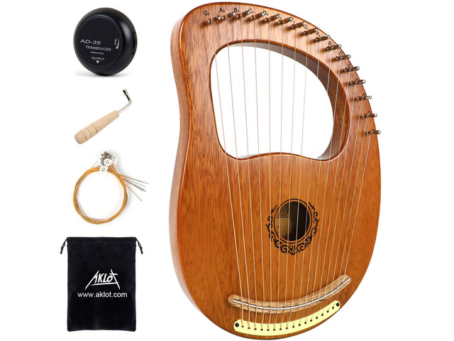 Lyre Harp, 16 Metal Strings Maple Saddle Mahogany Body Lyra Harp with Carved Note Tuning Wrench Pick up Strings and Black Gig Bag