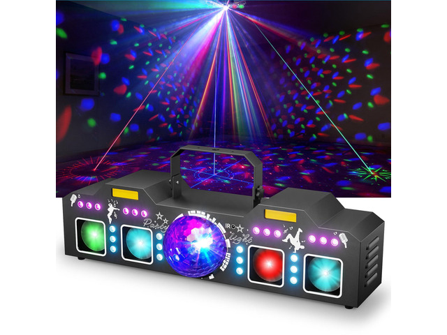 DJ Lights for Parties, Pro 8 in 1 DMX512 Laser Light Show with Disco Ball Light, RGB and Gold Strobe,UV Black Lights-Sound Activated LED Lighting...