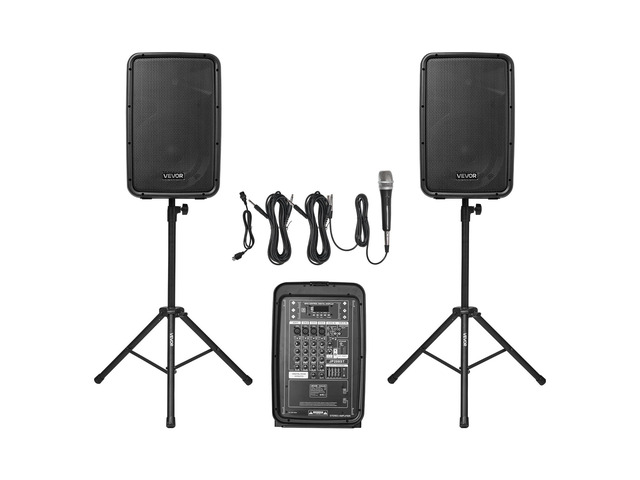 Portable PA System with Microphone, 300W Powered, Sound System with 8 Channel Mixer, Dual 8'' Speakers, Wireless Bluetooth, Compact Stands, USB SD...