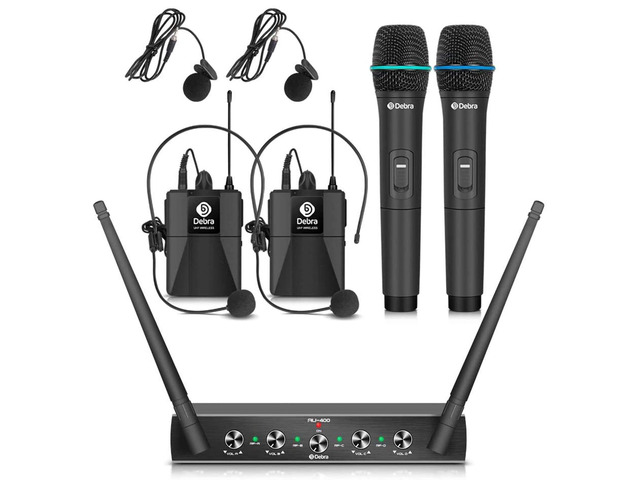 Debra Audio Pro UHF 4 Channel Wireless Microphone System with Cordless Handheld Lavalier Headset Mics, Metal Receiver, Ideal for Karaoke Church...