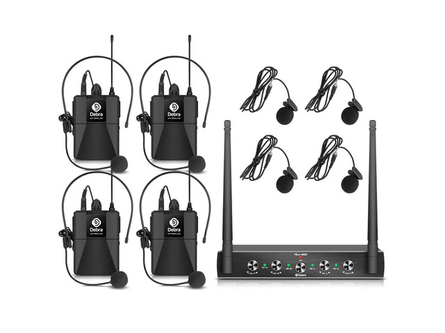 Debra Audio Pro UHF 4 Channel Wireless Microphone System with Cordless Handheld Lavalier Headset Mics, Metal Receiver, Ideal for Karaoke Church...