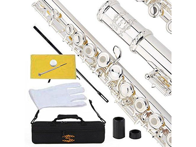 Silver Plated Intermediate 17keys, Open/closed Hole C Flute with B Foot Joint,Offset G, with Case,cleaning Rod, Joint Grease, Cloth and Gloves
