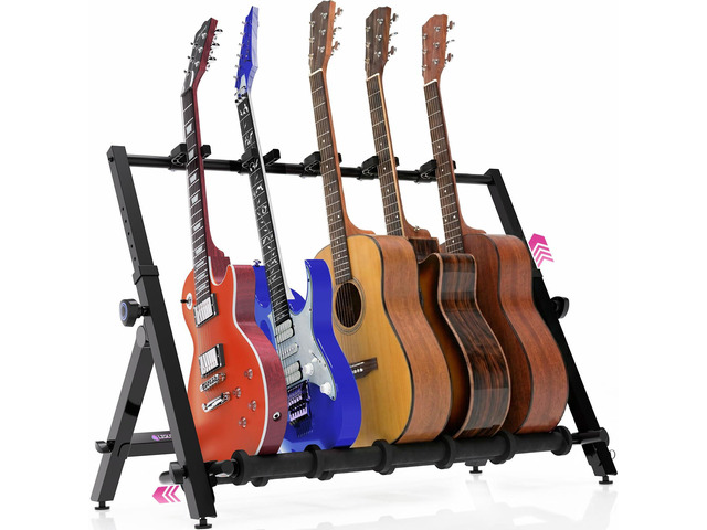 Multi Guitar Rack Stand for Acoustic, Bass, Ukuleles and Electric Guitars - 5-7 Adjustable Folding Guitar Rack Holder for Multiple Guitars with...