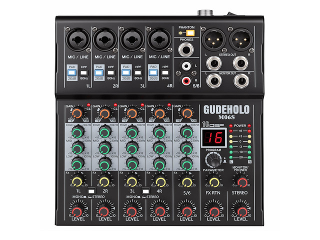6-Channel Professional DJ Audio Mixer, DJ Controller Sound Mixer DSP 16 Preset Effects, Ideal for Home Party
