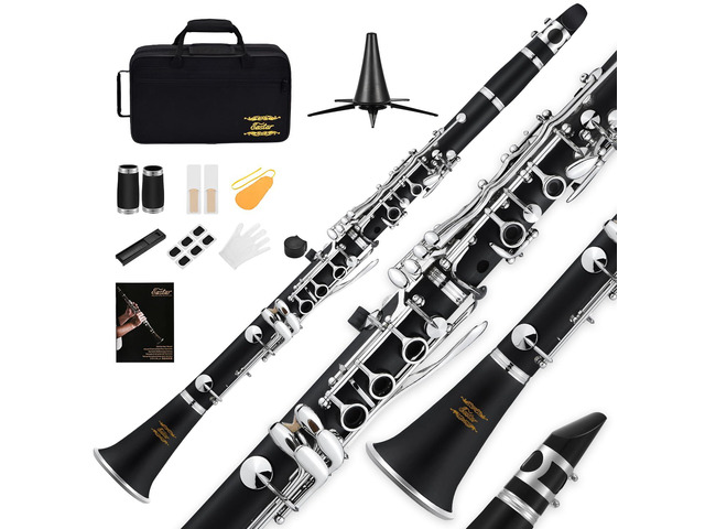 B Flat Clarinet for Beginner, Ebonite Clarinet Nickel-plated with 2 Barrels, 3 Reeds, White Gloves, Hard Case, Cleaning Kt, ECL-300