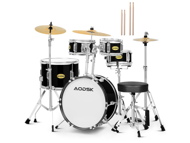 5 drums & 3 cymbals 14 Inch Drum Set, Complete Kit w/Throne & Sticks All Hardware Included, Adjustable Stool, Bass Pedal, Perfect for Young...