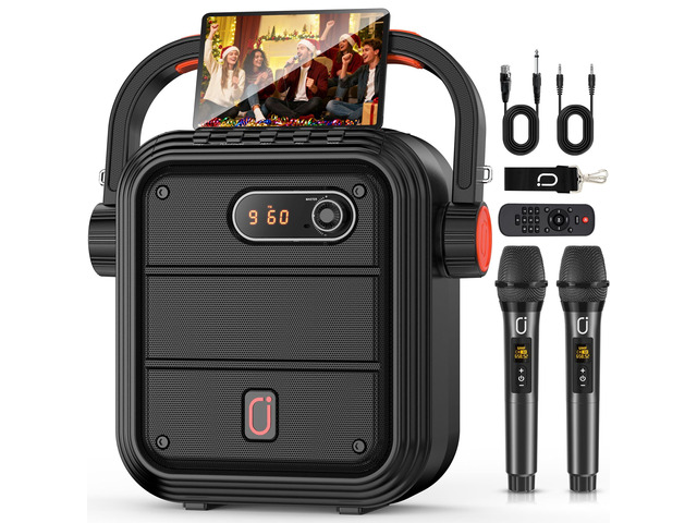 Karaoke Machine with 2 Wireless Microphones, Portable Bluetooth Speaker PA System with Shoulder Strap, Subwoofer Support TWS, USB, Radio, AUX, REC,...