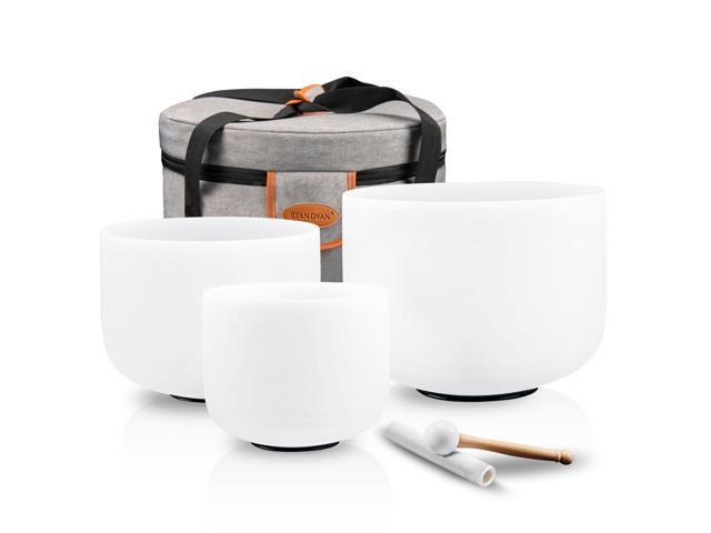 432Hz 6'B 7'A 8'G Crystal Singing Bowl Set of 3 Frosted Quartz Sound Bowls for Crown, Third Eye & Throat Chakra, Meditation, Sound Bath, Yoga &...