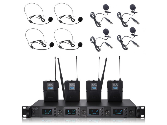 Wireless Microphone System 4 Channel UHF 4 Lavalier Lapel Headset Mics for Karaoke Church Speaking Conference Meeting Party, 4x25 Adjustable...