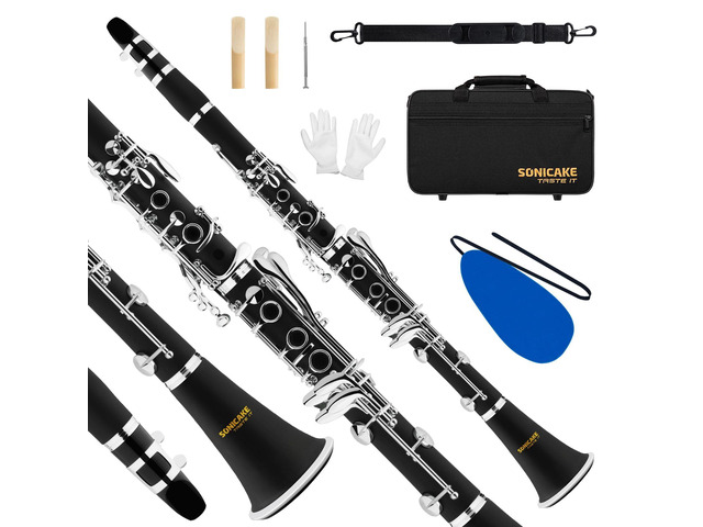 B Flat Clarinet for Beginner & Student, Nickel-plated Bb Ebonite Clarinet 2 Barrels, Reeds with Cleaning Kit, White Gloves and Hard Case, Black,...