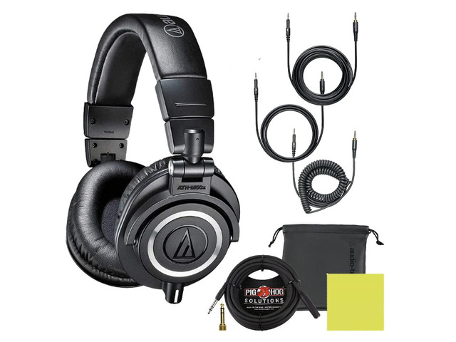 Audio Technica ATH-M50X Professional Studio Monitor Headphones Black Bundle with Pig hog 10ft Extension Cable, Liquid Polishing Cloth, Detachable...