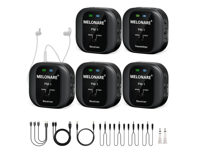 UHF Wireless IEM System Mono/Stereo Selection PM-1-4R 1 Beltpack Transmitter & 4 Receivers, 10 Channels, Auto-Pairing, Mono/Stereo Selection,...
