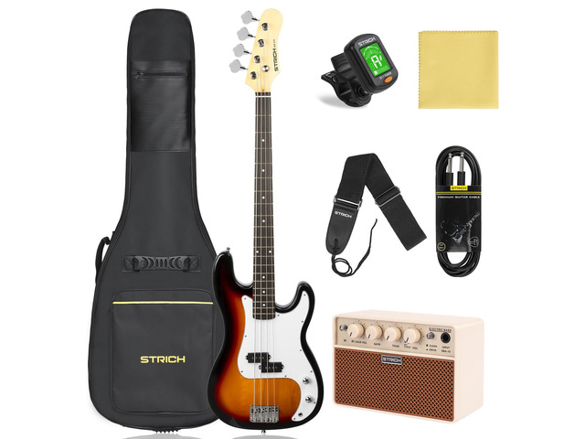 Electric Bass Guitar 4 Strings Full-Size Beginner Kit, Standard Bass for Starter with 2 x 5w Amp, Bag, Tuner, Strap, Cable, SPB-S10 Sunburst