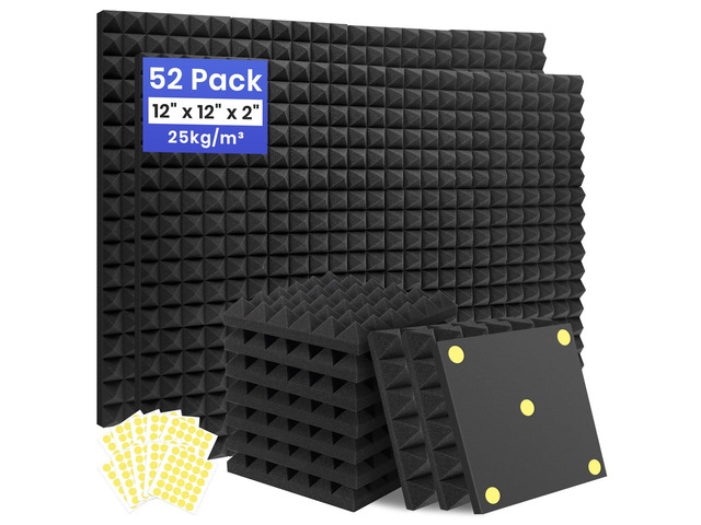 52 Pack Sound Proof Foam Panels for Walls, 12' X 12' X 2' Pyramid Acoustic Foam Panels, High Density Noise Reduction Soundproof Panels for Studio...