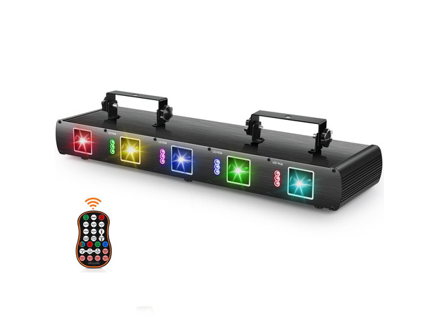 Stage Laser Light, 5 Beam Sound Activated DJ Party Lights RGBYC LED Music Projector with Remote Control DMX for Dancing Birthday Bar Pub Stage