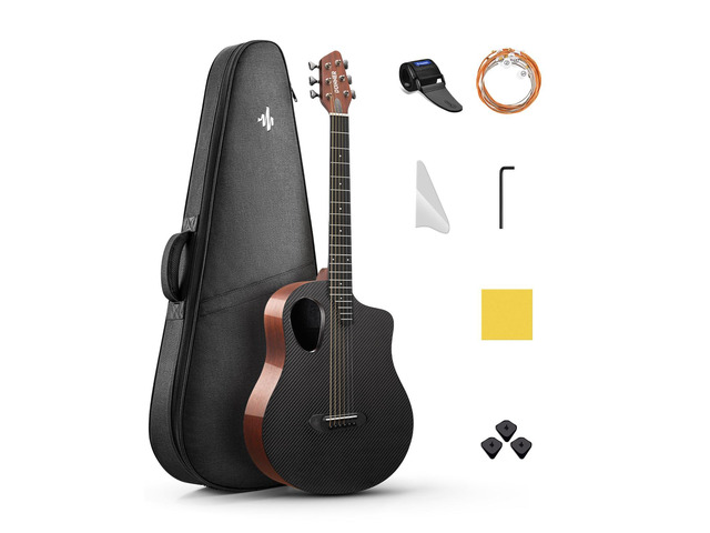 Acoustic Guitar Kits for Beginners & Intermediate Learners - 38' Travel Guitar with Carbon Fiber Top, Wooden Back & Sides, Case, Strap,...