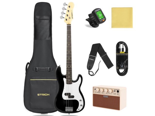 Electric Bass Guitar 4 Strings Full-Size Beginner Kit, Standard Bass for Starter with 2 x 5w Amp, Bag, Tuner, Strap, Cable, SPB-S10 Black