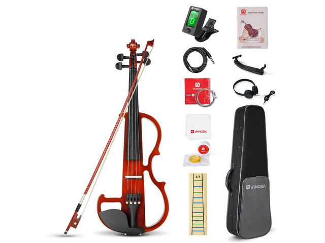 Electric Violin 4/4 Full Size Silent Violin Set for Beginner Adults Teens, Solid Maple Wood Metallic Electronic Quite Violin with Ebony Fittings,...
