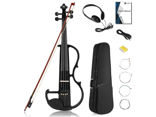 Electric Violin Full Size 4/4, Black Silent Electric Violin, Solid Wood Metallic Electric Fiddle with Ebony Fittings, Beginner Kit for Adults Teens