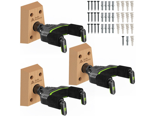Guitar Wall Mount Autolock 3-Pack - Nitro Friendly Velvet Hook (Heavy-Duty Design) 4-Screw Wood Base of 20lbs Load Guitar Wall Hanger for Bass,...