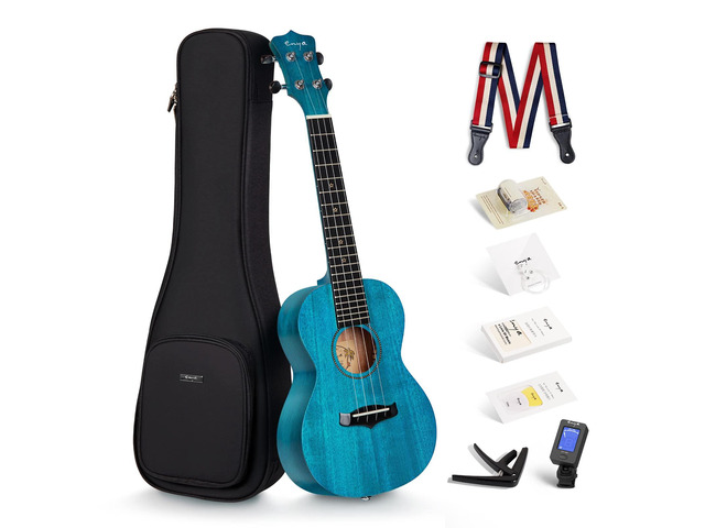 EUC-25D 23 Inch Concert Ukulele, Solid Mahogany Top, Blue Beginner Ukulele Kit with Gig Bag, Capo, Tuner, Strap and Picks, for Adults, Students,...