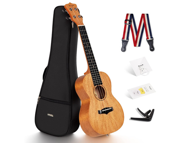 EUC-25D 23 Inch Concert Ukulele, Solid Mahogany Top, Natural Beginner Ukulele Kit with Gig Bag, Capo, Strap and Picks, for Adults, Students,...