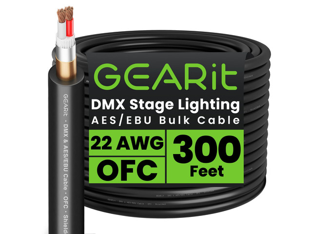 DMX Stage Lighting Bulk Cable, 300 Ft Extended Length, 2-Conductor, Compatible with 3-Pin XLR Connectors for DMX and AES/EBU, 22 AWG Oxygen Free...