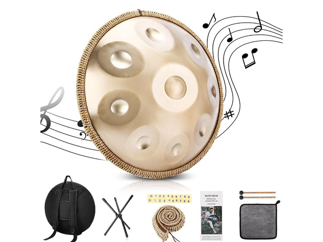 Handpan 22 Inches Drum Set, 440Hz 9 Notes Hand Drum Instrument, Premium Steel Hand Drum, Includes Carrying Case, Drumsticks, Spiral Wraps,...
