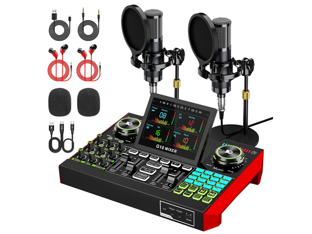 G10 Dual Microphone Podcast Equipment Bundle with Live Sound Board Audio Mixer - Two Condenser Mics, Voice Changer, Noise Reduction, for PC/Phone...