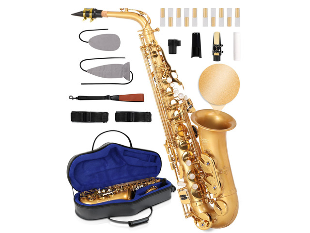 Handcrafted E-Flat Alto Saxophone: Matte Gold Brass Body with Warm, Rich Tone, Secure Air Seal, Smooth 23-Key System, Includes Reeds Premium...