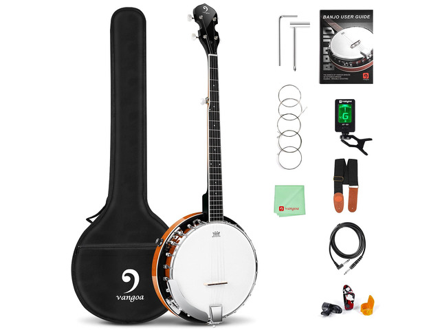 Banjo 5 String Acoustic Electric Full Size Closed Back Set with Mahogany Resonator Remo Head Banjoe 24 Brackets with Geared 5th Pegs for Beginners...