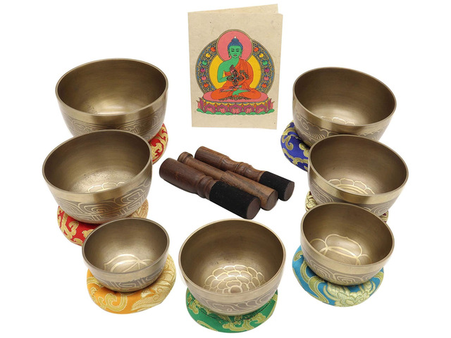 Singing Bowl Set of 7, Thadobati Design Himalayan Sound Bowl, Handcrafted, Hand hammered, Comes w/silk cushions, 3 sticks, Buddhist card, Brocade...