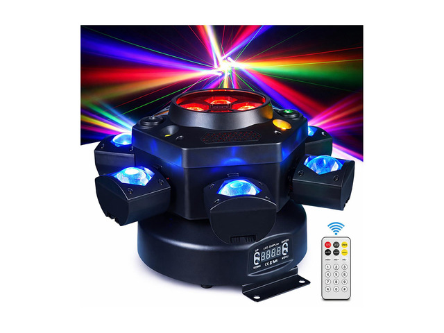 150W 6-Arm Spider Bee-Eye Moving Head LED DJ Light 4-in-1 RGBW Beam, Bee-Eye Wash, Red/Green Laser, White/Amber Strobe, Remote, Sound Active,...