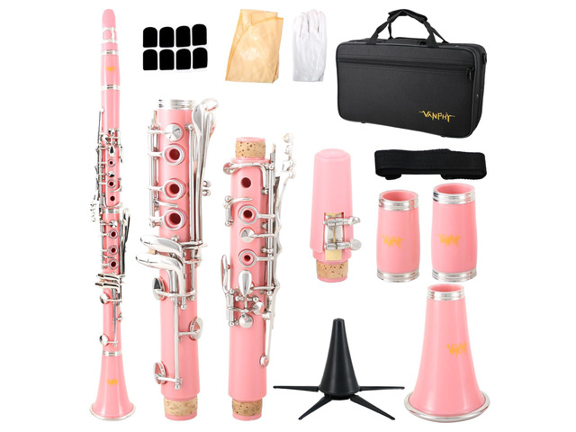 Bb Clarinet For Beginners Students B Flat Clarinet 17 Keys Clarinet with Case Stand Strap 2 Barrels 8 Mouthpiece Cushion White Gloves(Pink)
