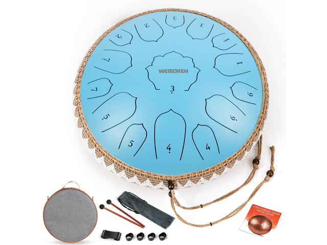 Steel Tongue Drum Pro- 14 Inch 15 Note Rain Drum - Percussion Instrument for Meditation and Music, Hand Pan Drums with Music Book, Mallets and...
