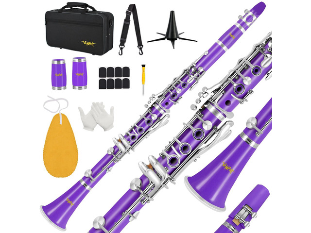 Bb Clarinet For Beginners Students B Flat Clarinet 17 Keys Clarinet with Case Stand Strap 2 Barrels 8 Mouthpiece Cushion White Gloves(Purple)