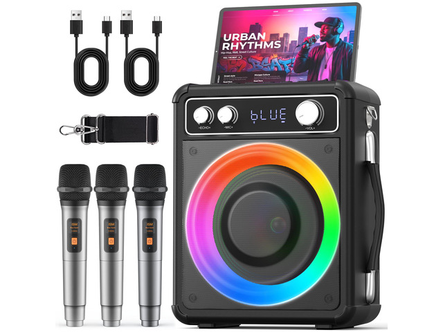 Karaoke Machine, Bluetooth Speaker with 3 Rechargeable Microphones 2026 Portable PA System for adults with LED Light, Supports TWS Echo TF USB...