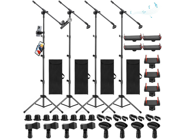 4 Pcs Tripod Microphone Stand Boom Arm Floor Mic Stand with Carrying Bag and Mic Clips for Singing Stage Wedding Karaoke Church (Multifunctional...