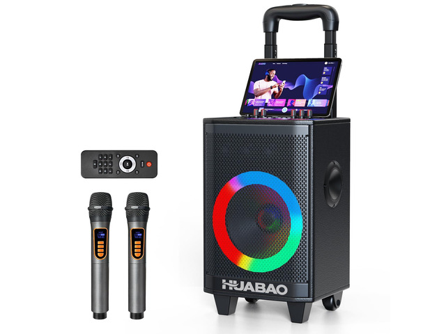 Portable Karaoke Machine with 2 Wireless Microphones, Bluetooth Speaker with Lights and Trolley Wheels, 6600mAh Rechargeable PA System,...