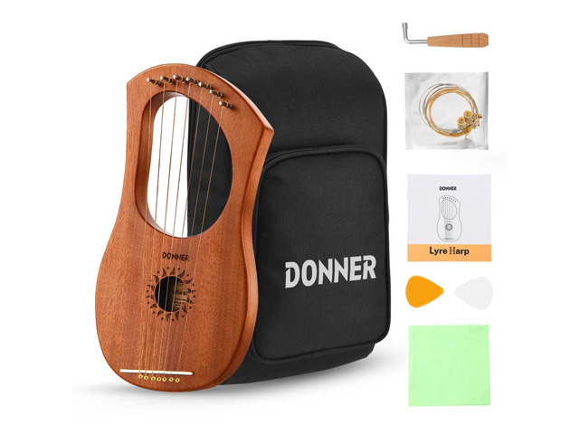 Lyre Harp, 7 Metal Strings, Mahogany Body and Bone Saddle DLH-001 Lyre Harp for Beginner Kids with Tuning Wrench, Spare String Set, Black Gig Bag,...