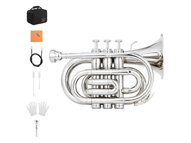 Pocket Trumpet B Flat for Beginners Students, Brass Trumpet Mouthpiece 7C, Cleaning Kit, Hard Case, Gloves, ETR-330N, Nickel